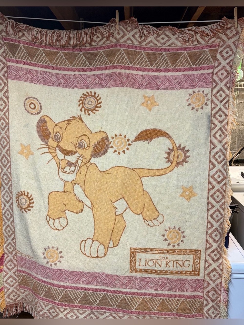 Vintage 90s Disney The Lion King Simba Woven Tapestry Throw Blanket Fringe